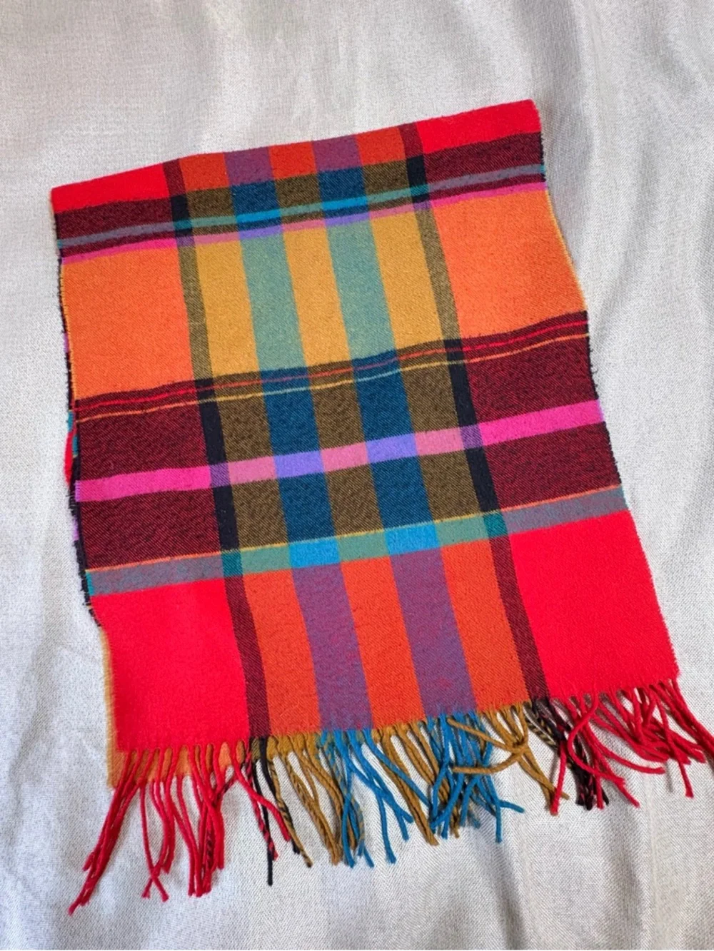 Bright Plaid Fringe Scarf Multicolor Tartan 15”x64”